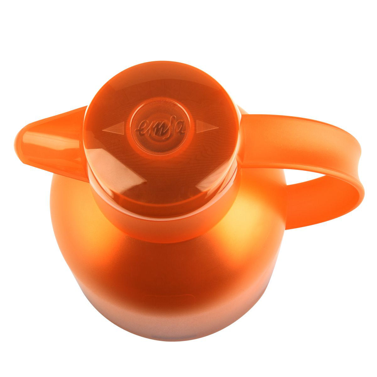Orange Wasserkrug mit Griff, Draufsicht. Deckel mit Emfa-Logo.
