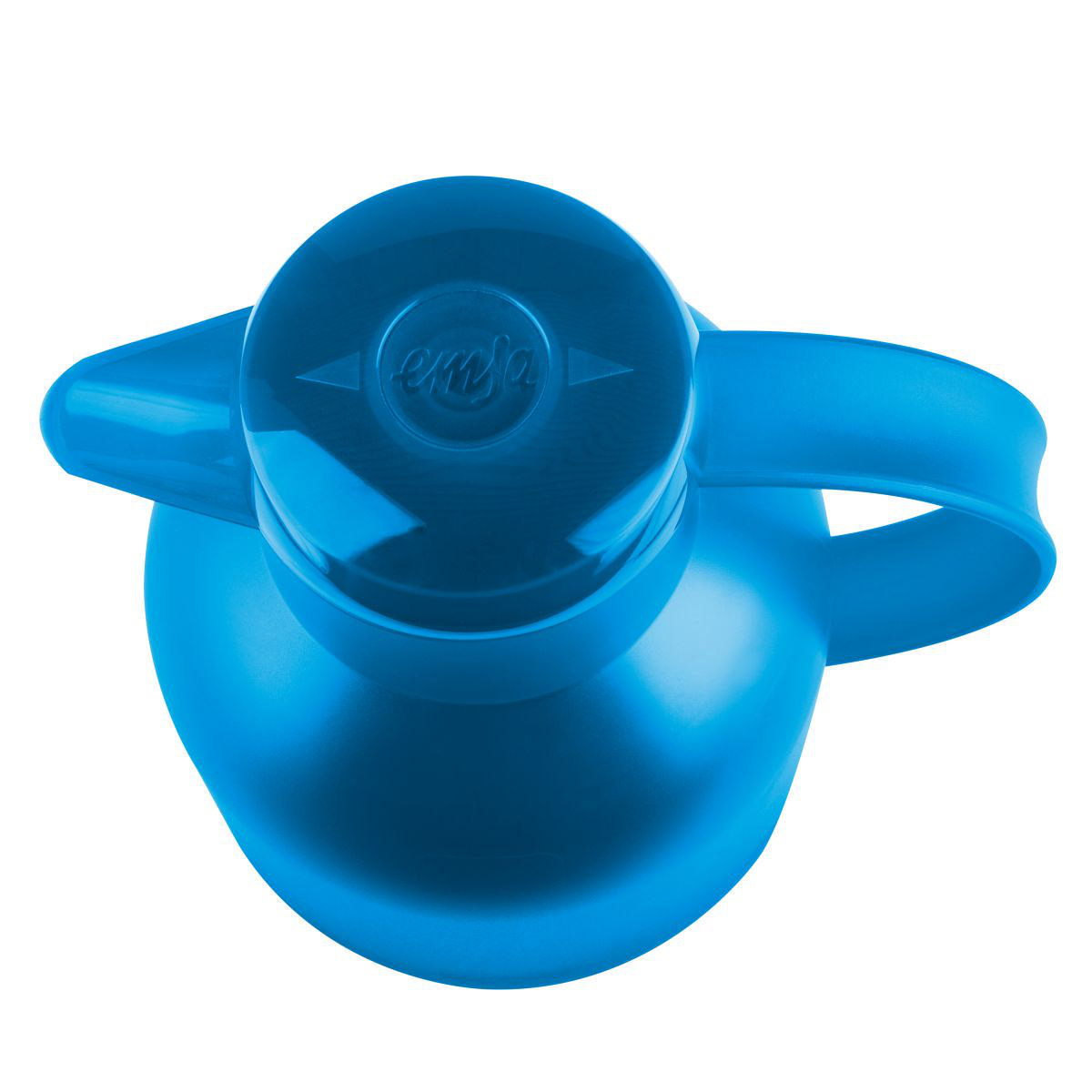 Draufsicht auf eine blaue Wasserflasche mit Griff und Deckel. Der Deckel trägt das Wort 'emsa'. Weißer Hintergrund.