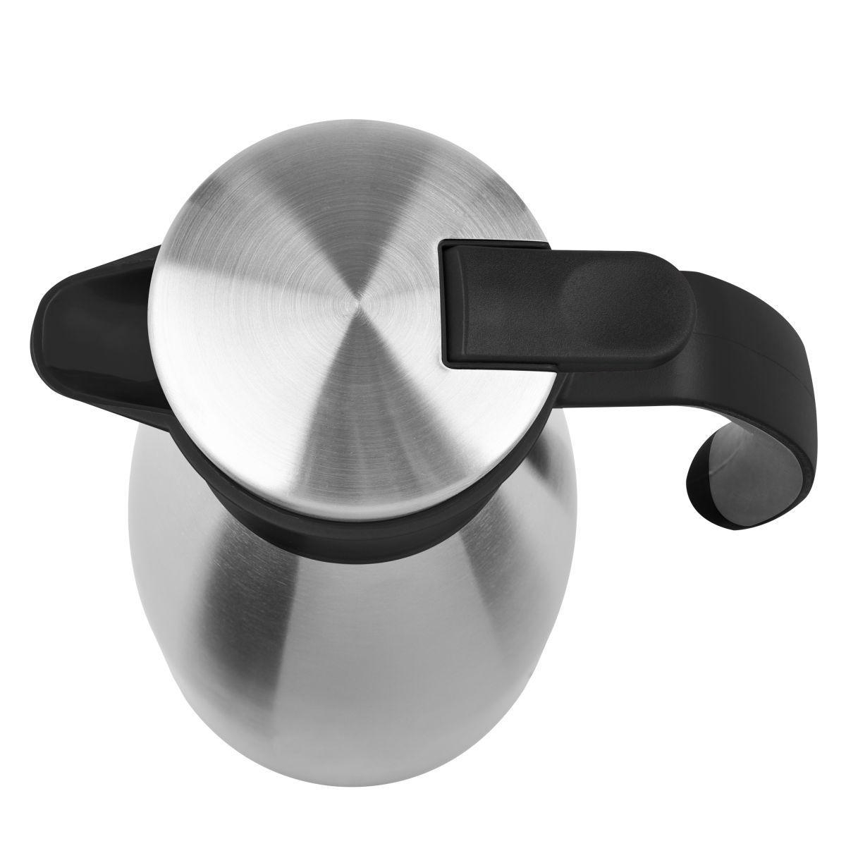Thermoskanne aus Edelstahl. Draufsicht mit schwarzem Griff.