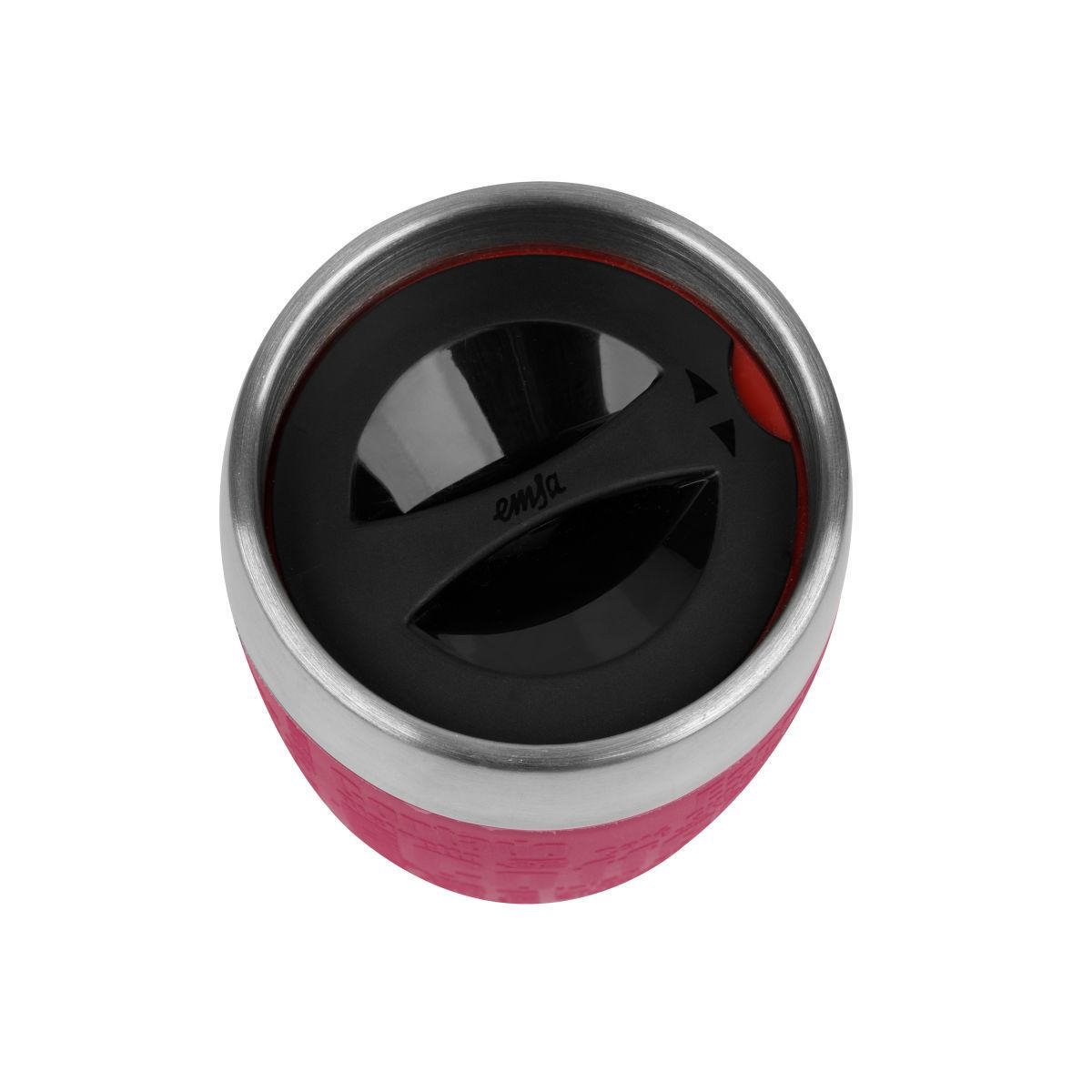Ein rosa-silberner Reisebecher von oben betrachtet. Der Deckel ist schwarz, mit dem Emsa-Logo.