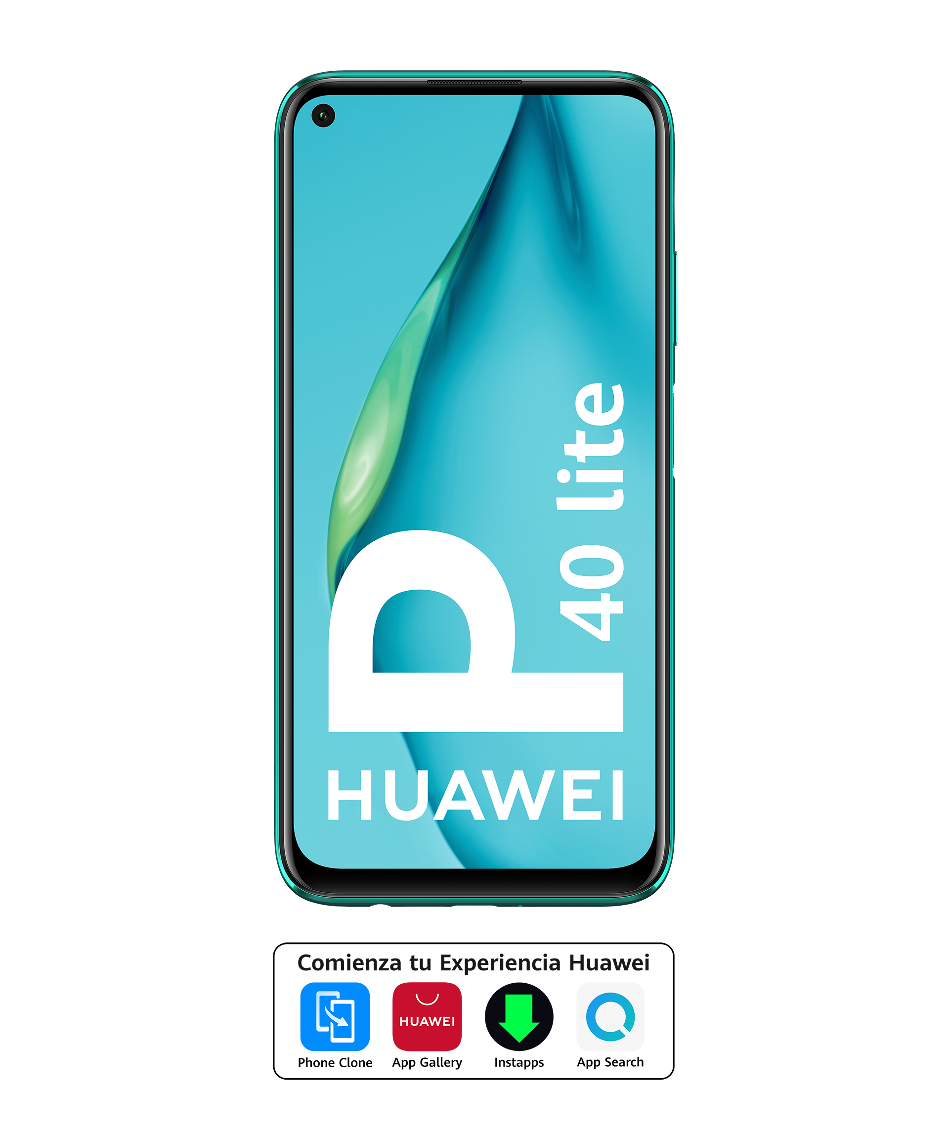 Un smartphone Huawei P40 Lite con marco verde, fondo blanco e iconos de aplicaciones.