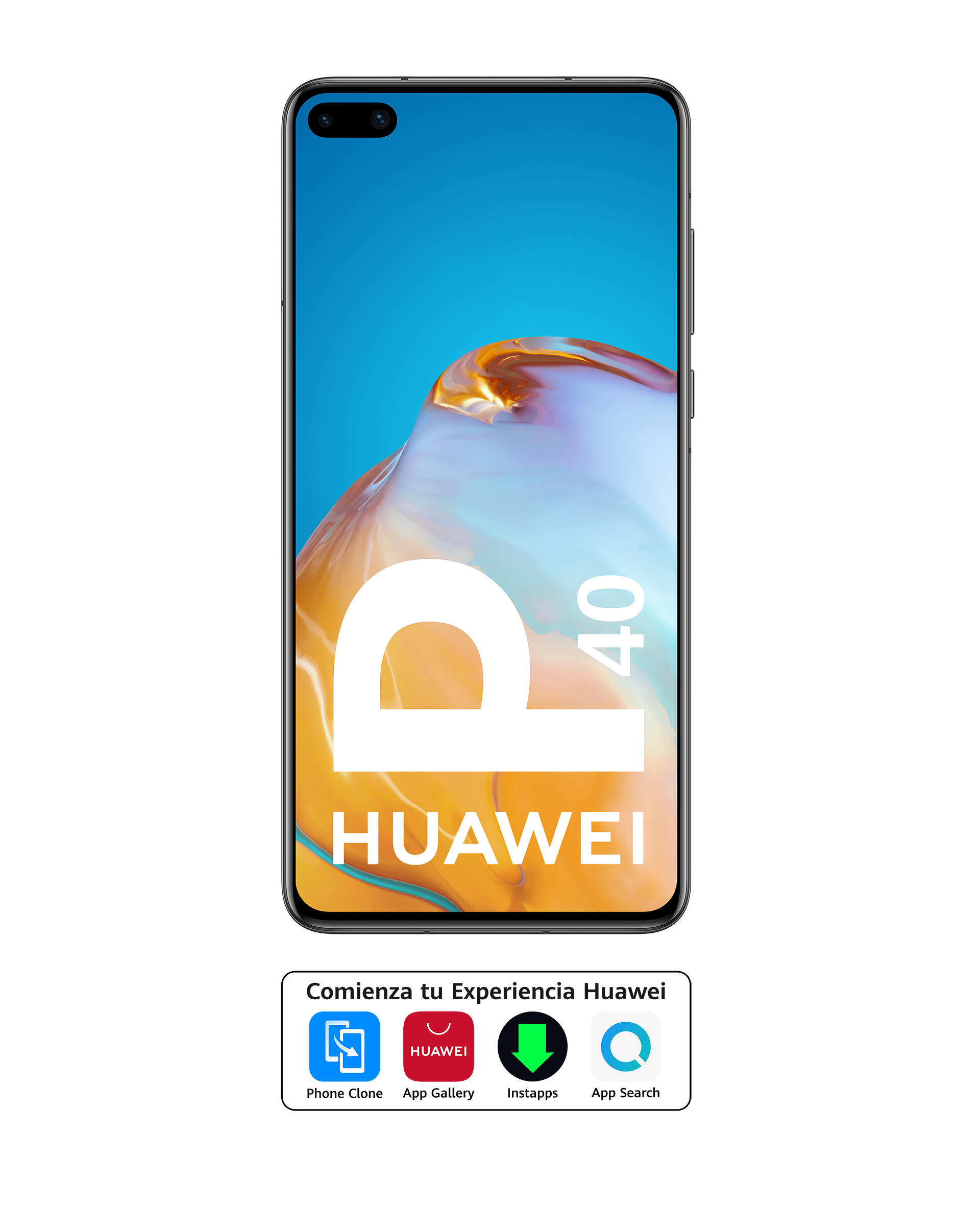 Un teléfono Huawei P40 con una pantalla grande y el logotipo de Huawei, con iconos de aplicaciones debajo.