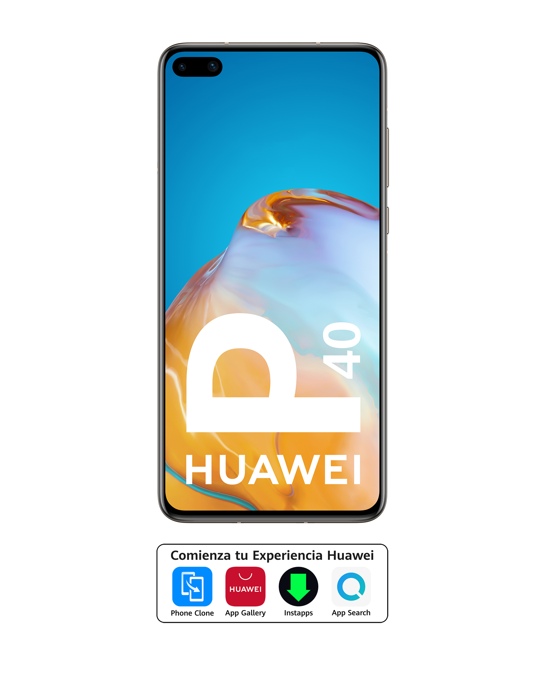 Un smartphone Huawei P40 con un fondo azul claro. El teléfono está rodeado de iconos de aplicaciones.