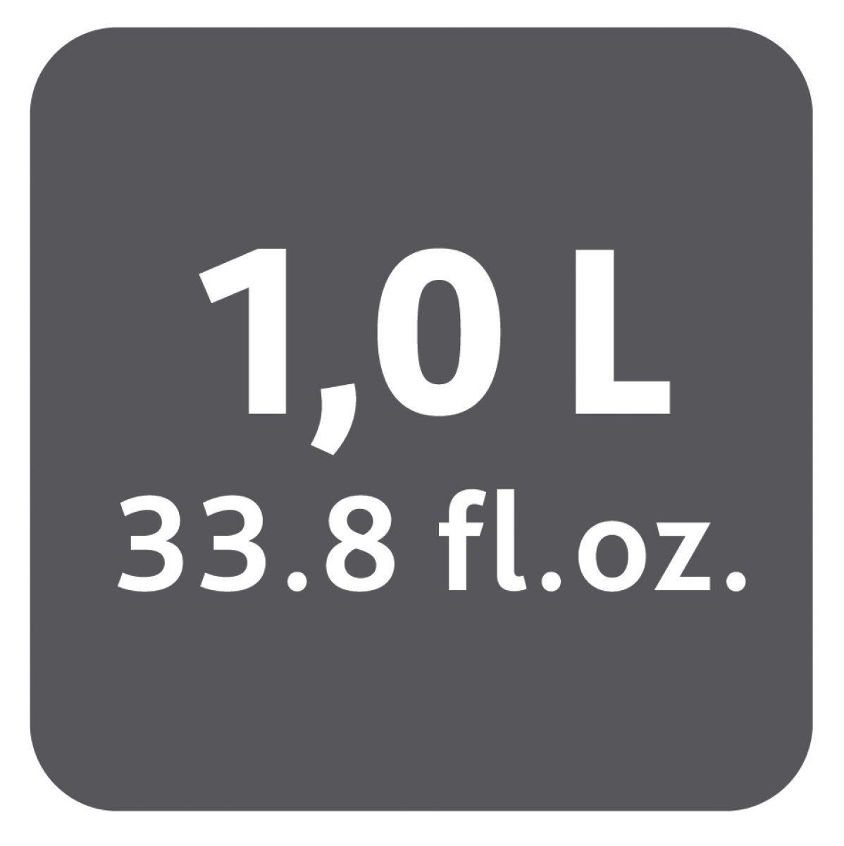 Ein graues Quadrat mit dem Text: 1,0 L und 33,8 fl.oz.