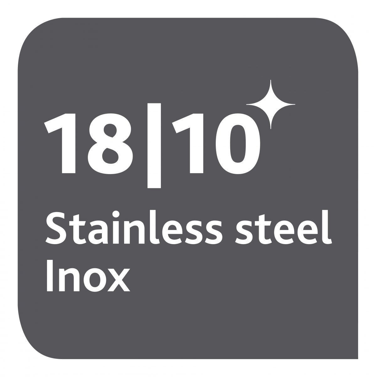 Ein graues Quadrat mit weißem Text: 18|10 Edelstahl Inox.