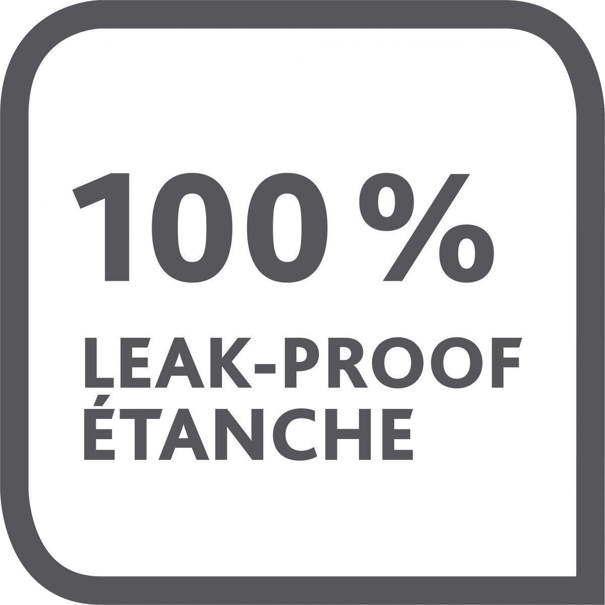 Quadratische Grafik mit Text: 100% LEAK-PROOF ÉTANCHE, in einem grau umrandeten Feld.