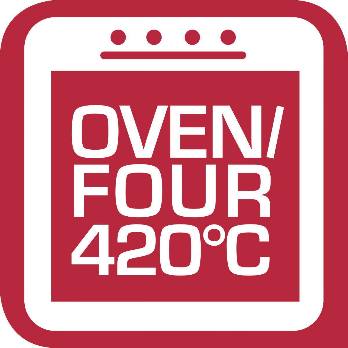 Ein rotes Quadrat mit abgerundeten Ecken enthält den Text 'OVEN/FOUR 420°C' in Weiß. Oben sind vier weiße Punkte.