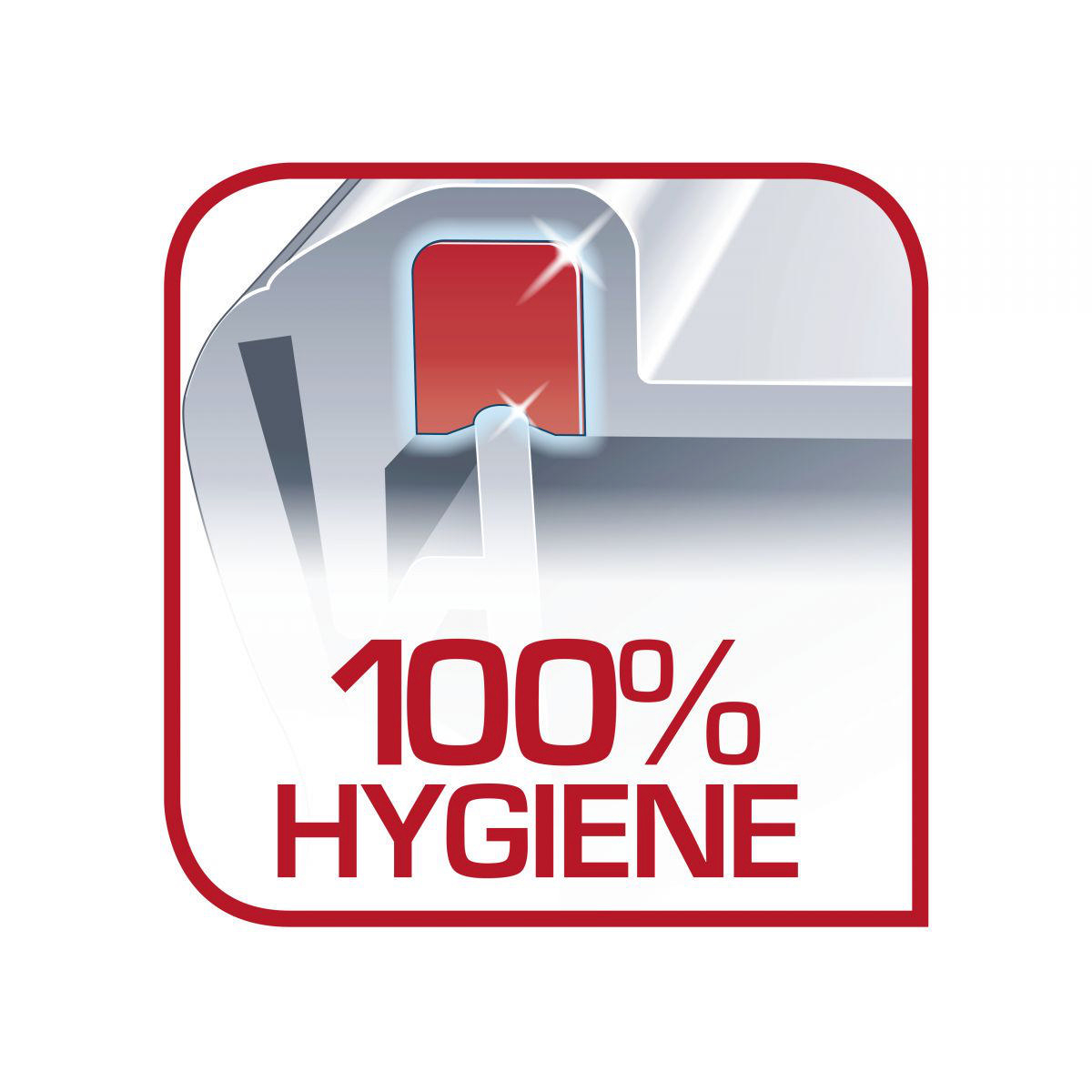 Das Bild zeigt ein rot umrandetes Quadrat. Im Inneren befindet sich eine rot-weiße Grafik mit den roten Worten '100% HYGIENE'.