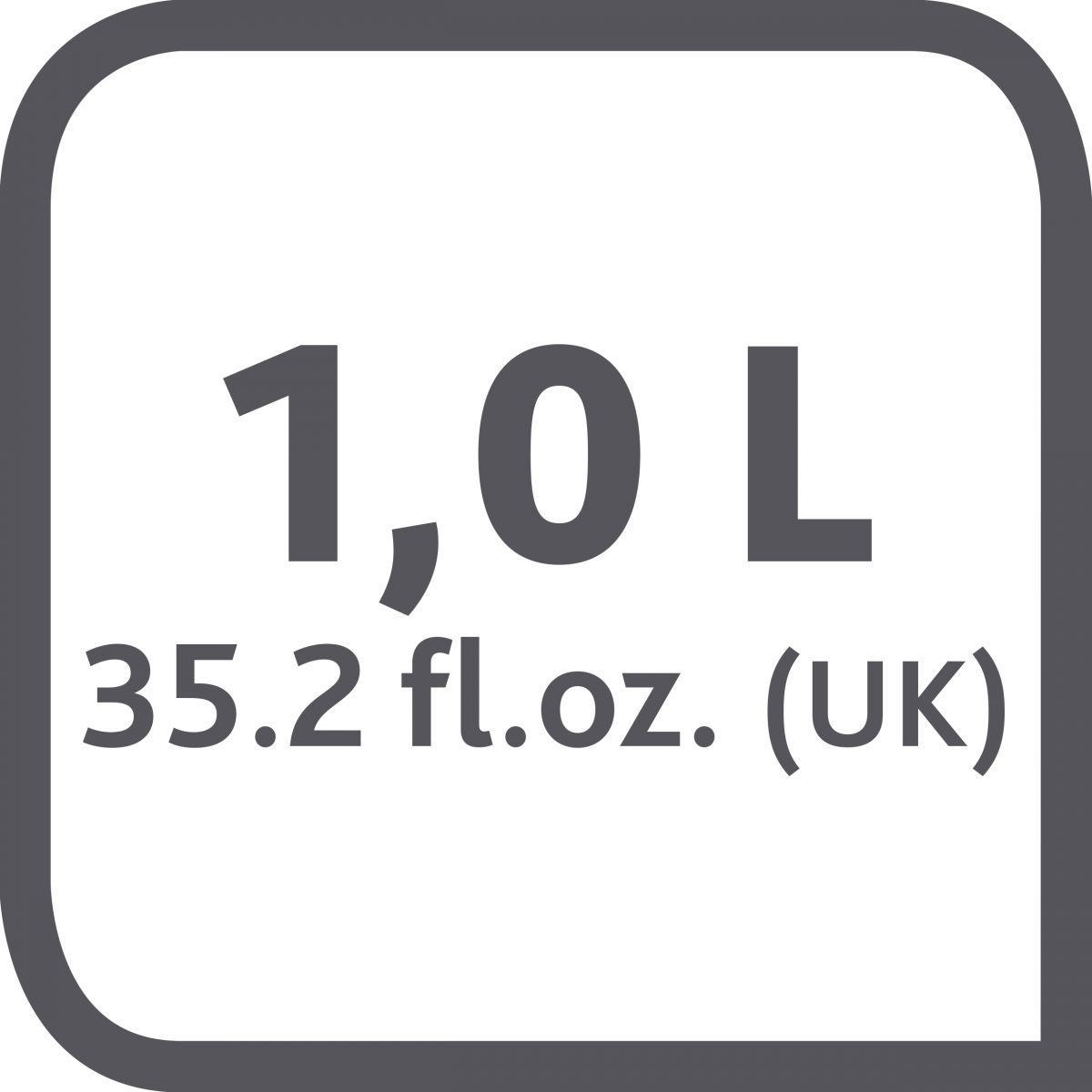Ein weißes Quadrat mit abgerundeten Ecken enthält den Text '1,0 L' über '35,2 fl.oz. (UK)' in Dunkelgrau.