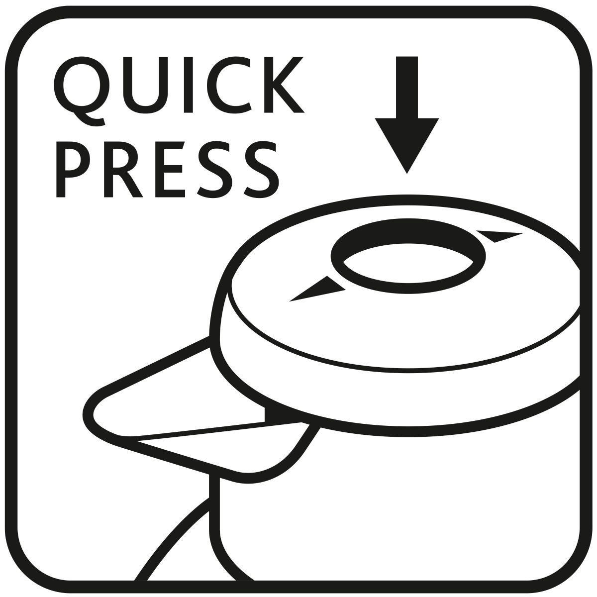 Schwarz-weiße Grafik zeigt einen Kreis mit einem Pfeil nach unten und die Worte QUICK PRESS darüber. Anweisung zum Drücken.