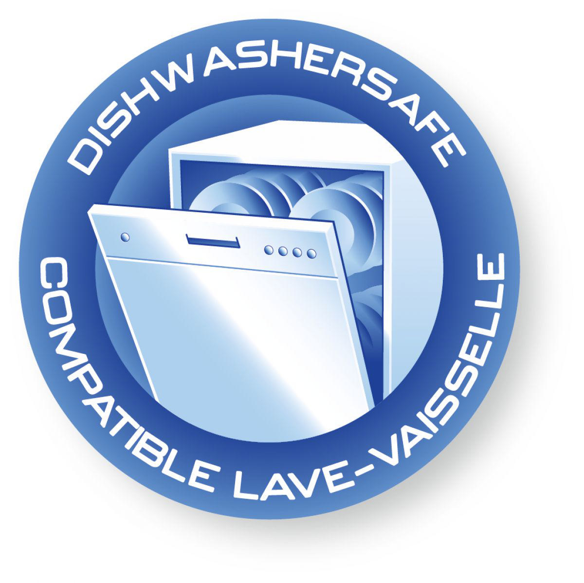 Ein blauer Kreis mit Text lautet: Geschirrspülersicher und Kompatibel Lave-vaisselle, mit einem Geschirrspüler-Symbol.