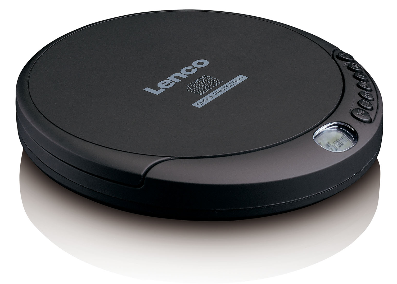 Een zwarte Lenco cd-speler. Hij heeft een display en bedieningsknoppen aan de zijkant.