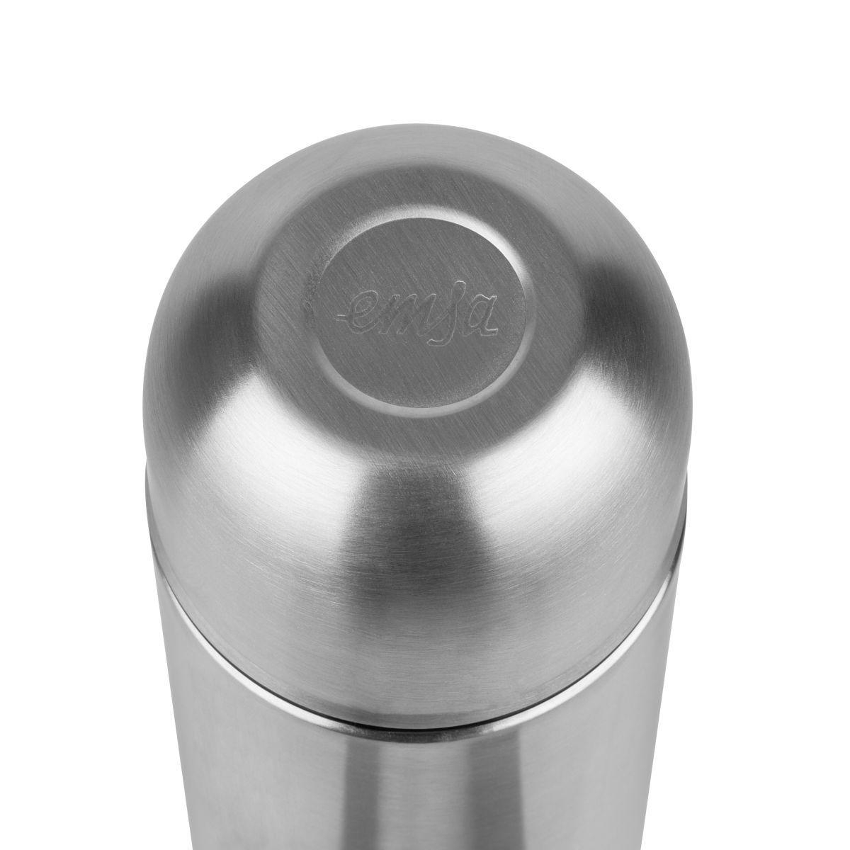 Metall-Thermoskanne, Draufsicht. Der Deckel hat das Emfa-Logo.
