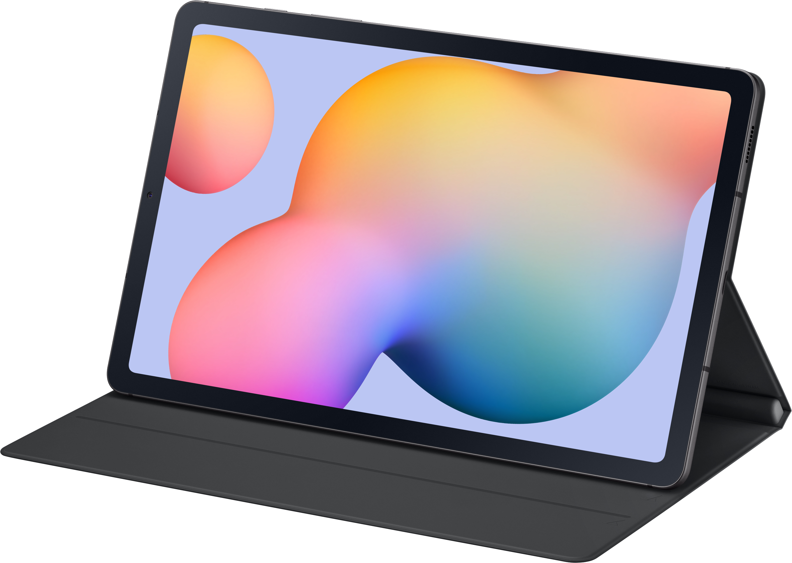 Ein schwarzes Tablet mit farbenfrohem Bildschirm liegt in einem Etui. Der Bildschirm zeigt abstrakte Formen.
