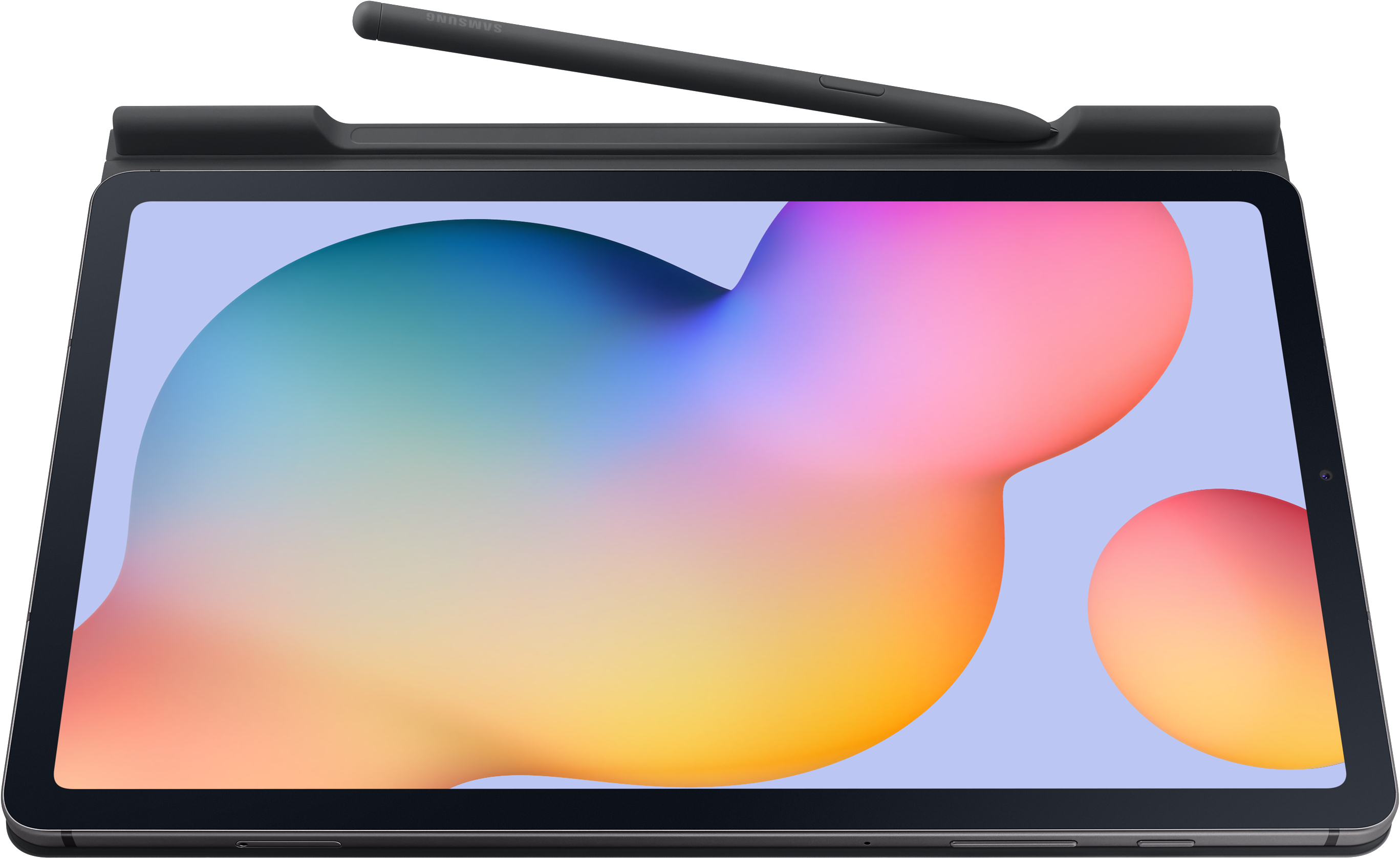 Ein Tablet mit Stift. Der Bildschirm zeigt ein buntes, abstraktes Design.