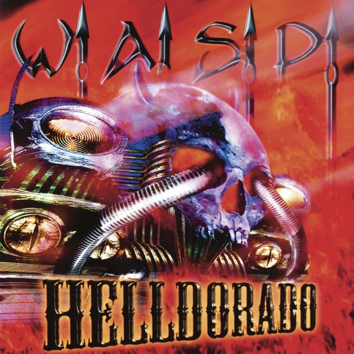 Wasp-Albumcover. Schädel mit Hörnern, Metalldetails auf rotem Hintergrund. Titel: Helldorado.