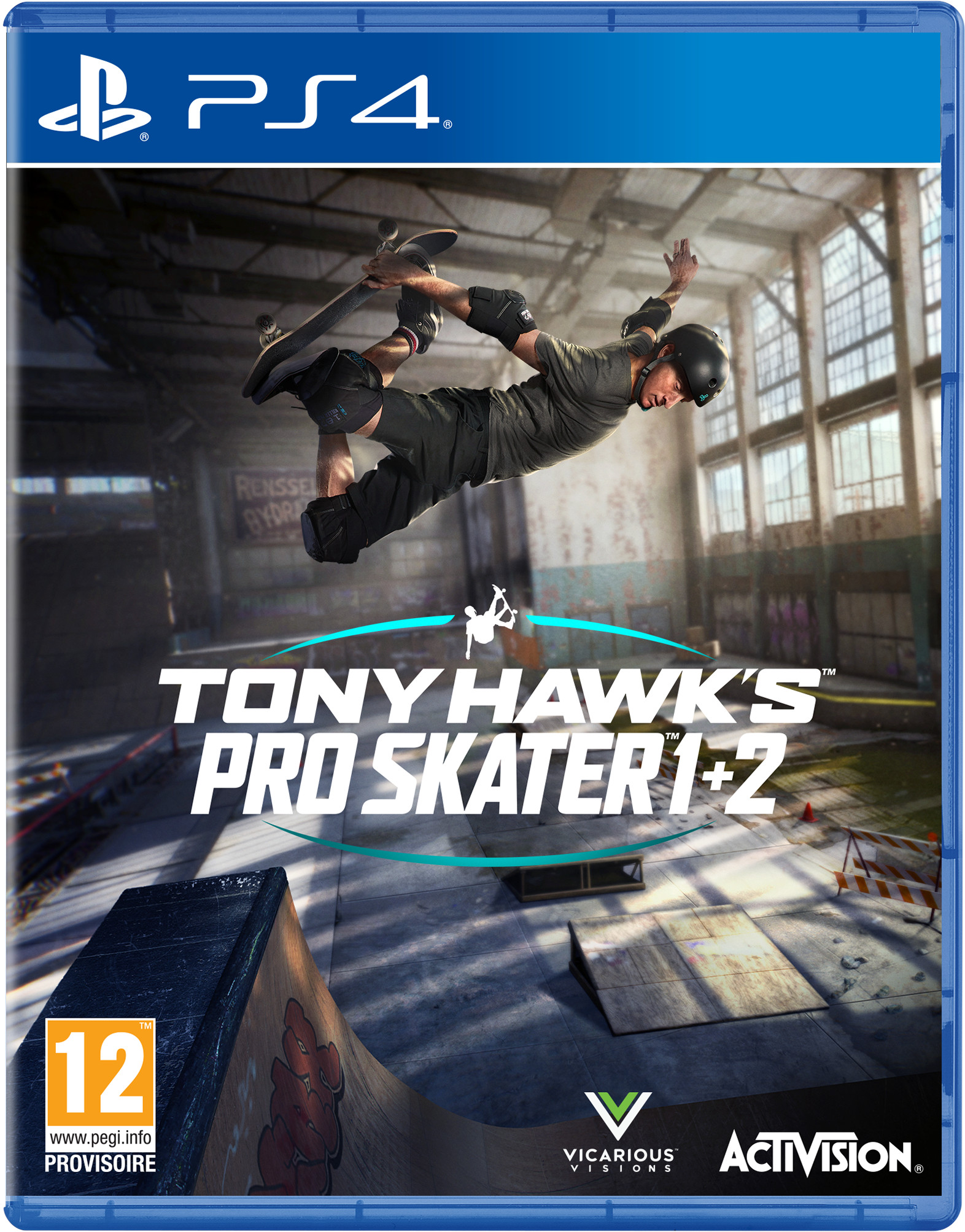 PS4 gamecover met skater in de lucht. Titel: Tony Hawk's Pro Skater 1+2. Een skatepark op de achtergrond.