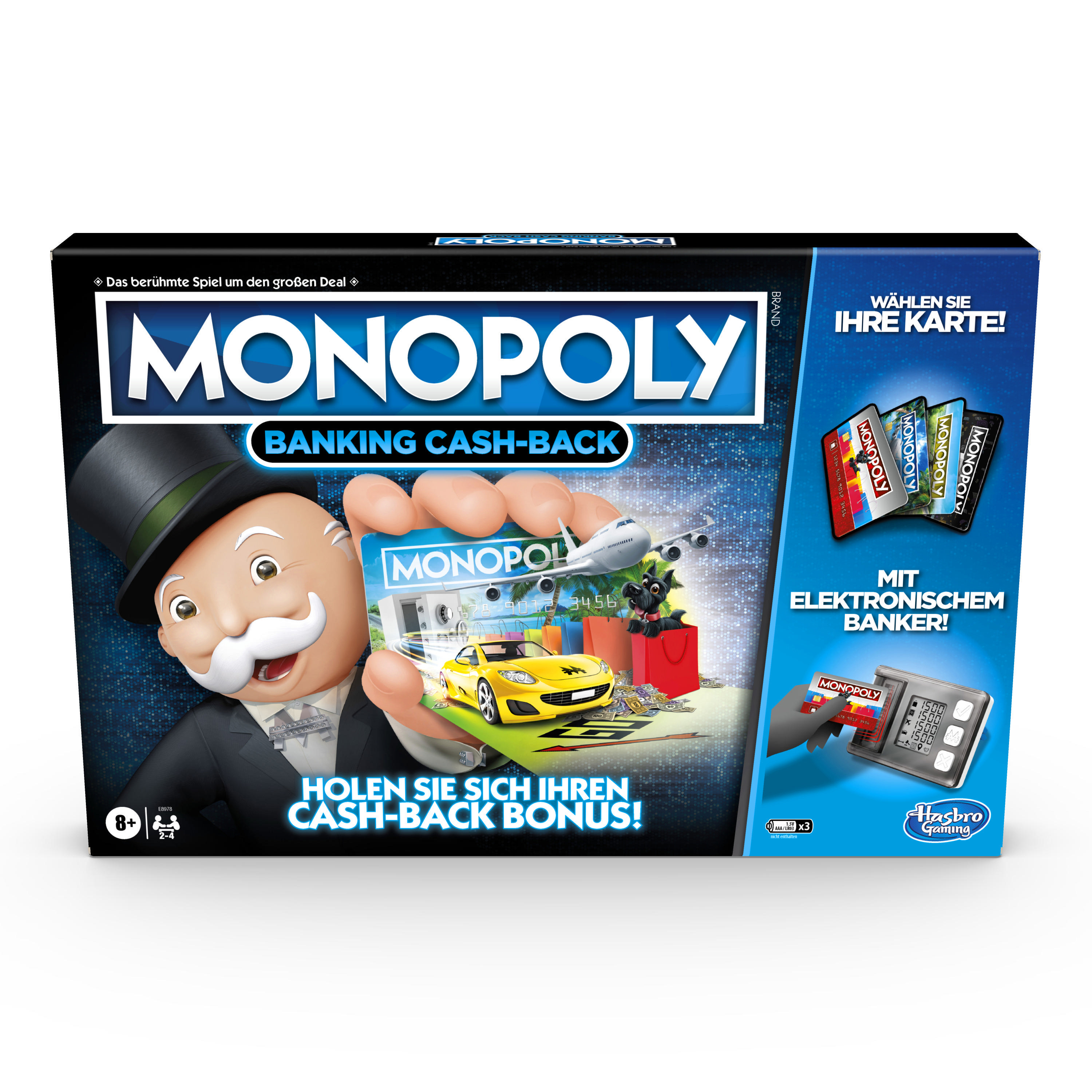 Monopoly Banking Cash-Back Brettspielbox mit Monopoly-Mann, Karten und Funktionen.