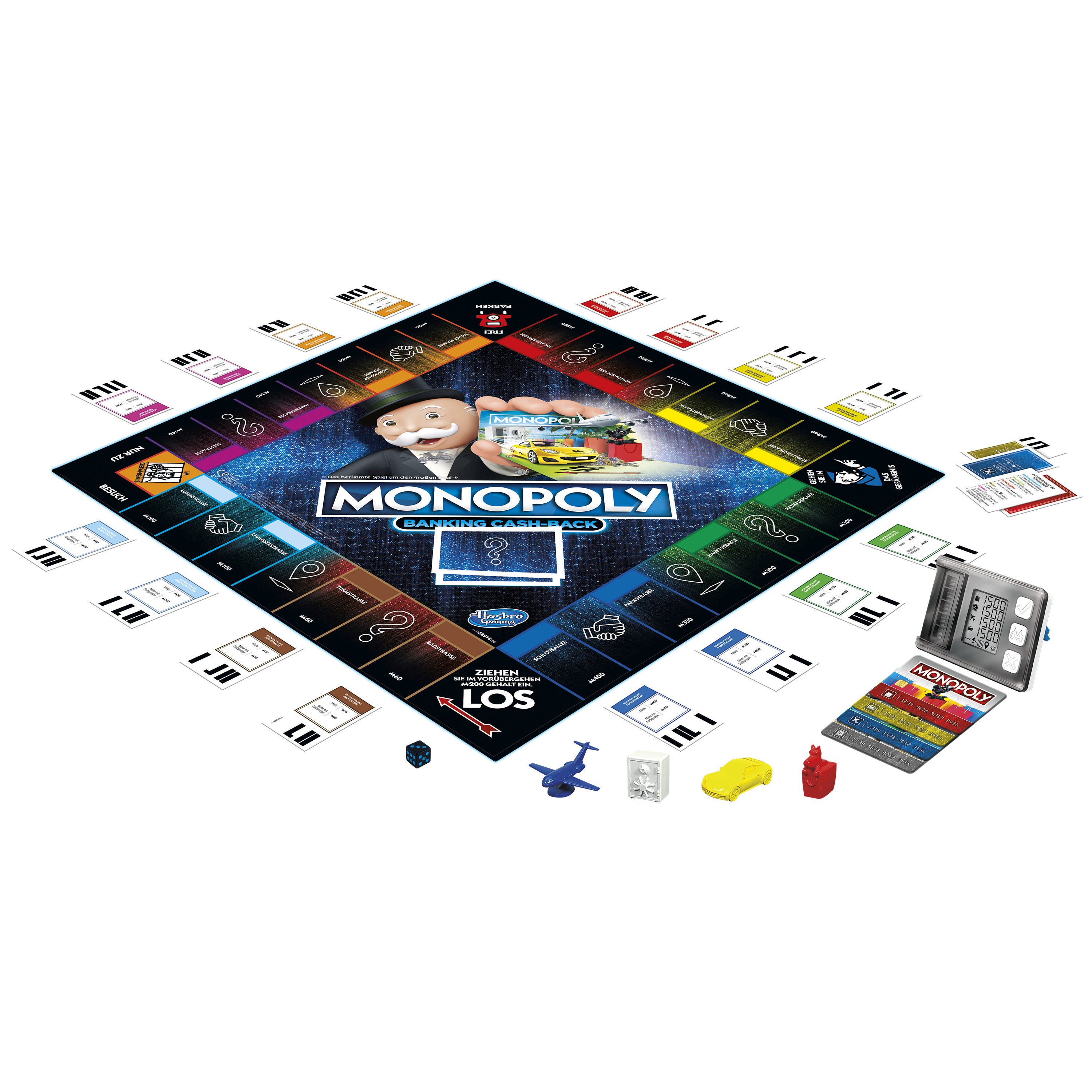 Monopoly-Brettspiel, mit Spielbrett, Karten, Würfeln, Spielsteinen und Häusern/Hotels im Vordergrund.