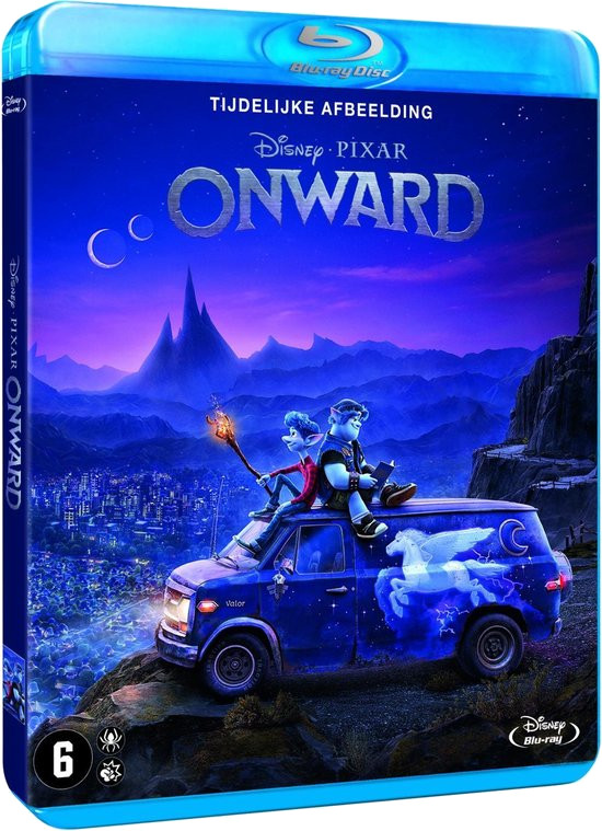Onward Blu-ray cover. Twee geanimeerde personages op een busje, tekst: Onward.