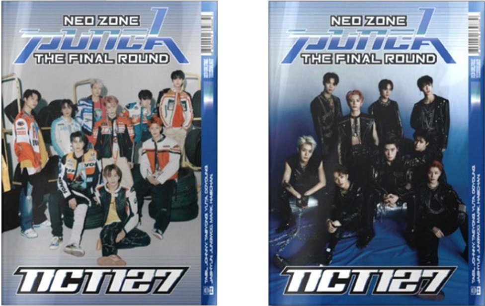 Két NCT 127 album borító, csoportképekkel a tagokról versenydzsekiben és fekete ruhákban.
