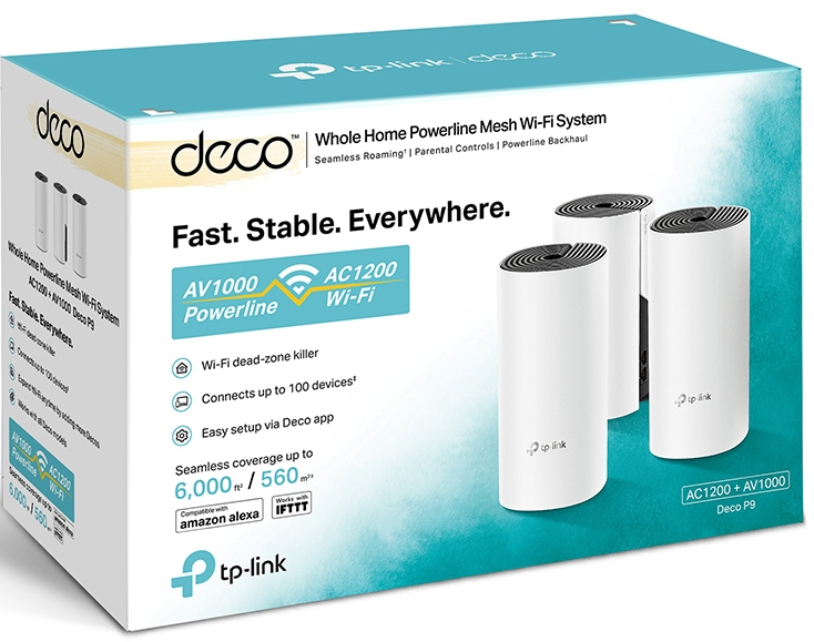 Karton eines WLAN-Mesh-Systems mit drei weißen zylindrischen Einheiten.