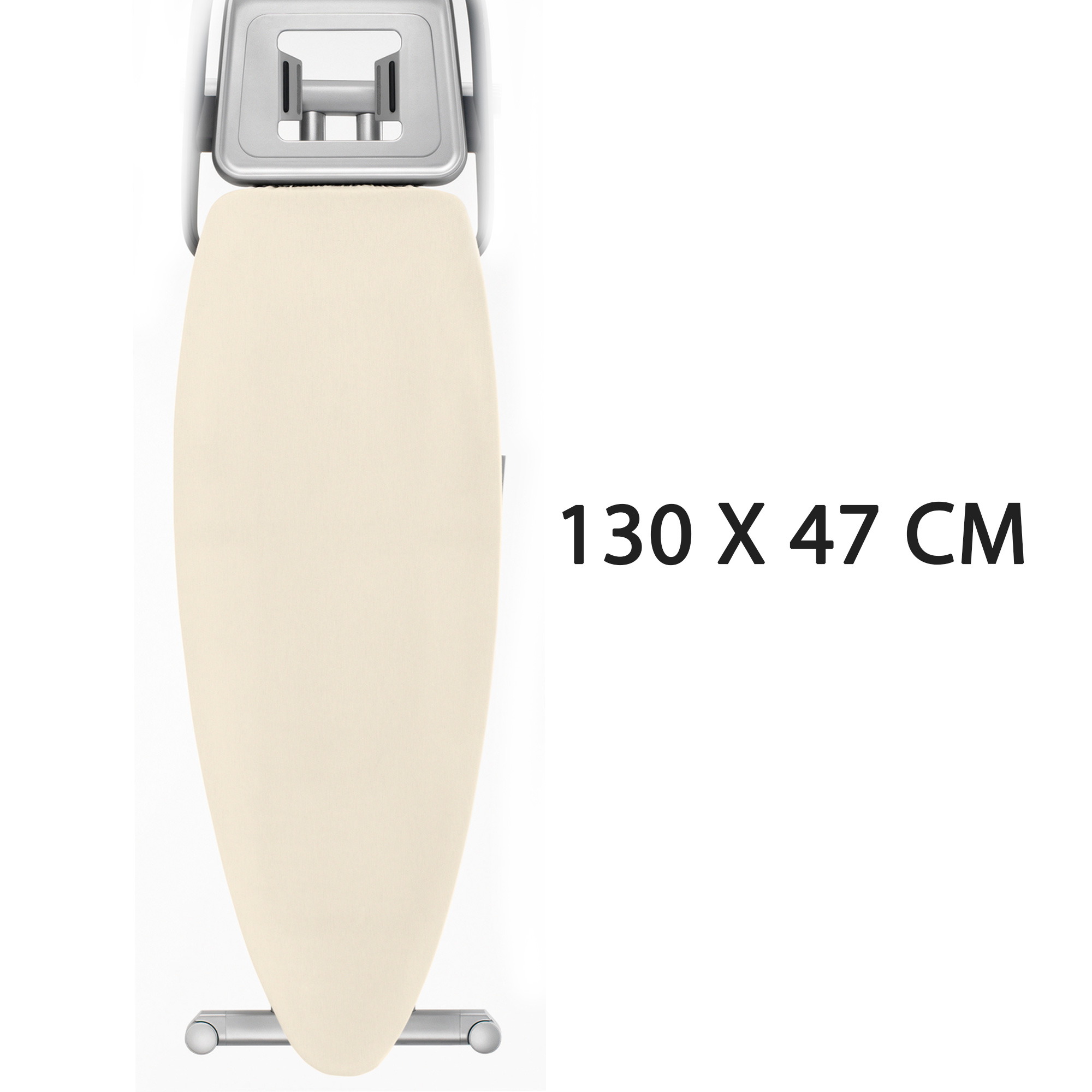 Una tabla de planchar, de color beige, con texto de 130 x 47 cm.