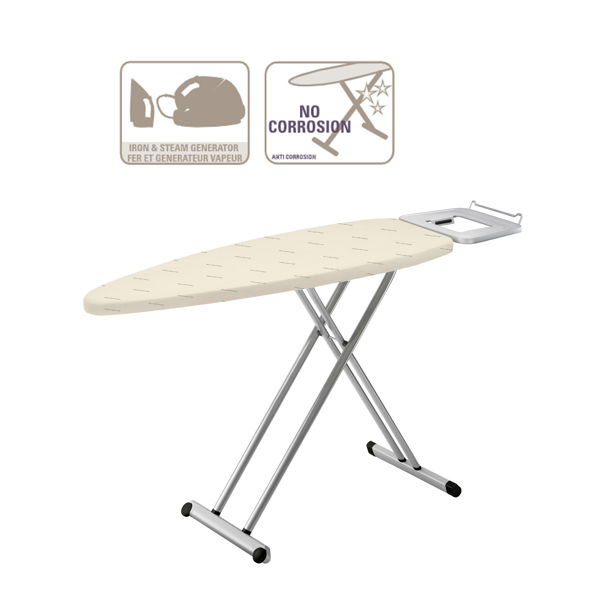 Tabla de planchar con funda. Dos iconos muestran plancha y generador de vapor, y sin corrosión.