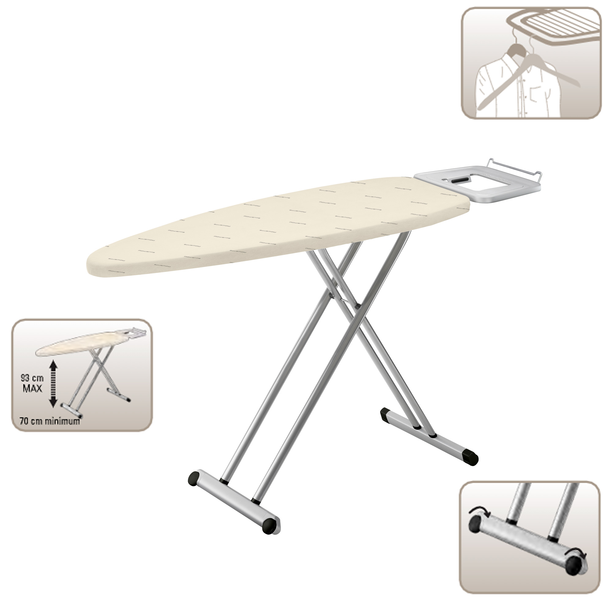 Tabla de planchar. Cubierta beige sobre un marco en ángulo. Incluye diagramas de ajustes.