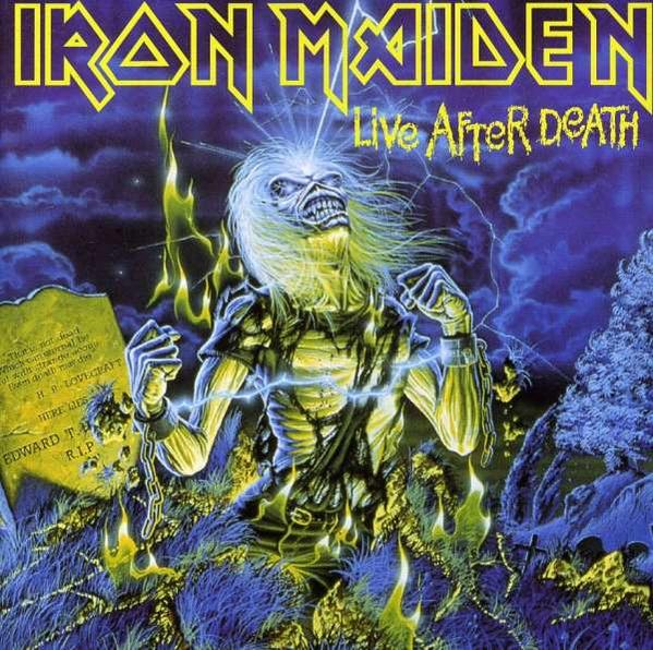 Iron Maiden Albumcover, Live After Death. Eine skelettartige Figur erhebt sich aus einem Grab.