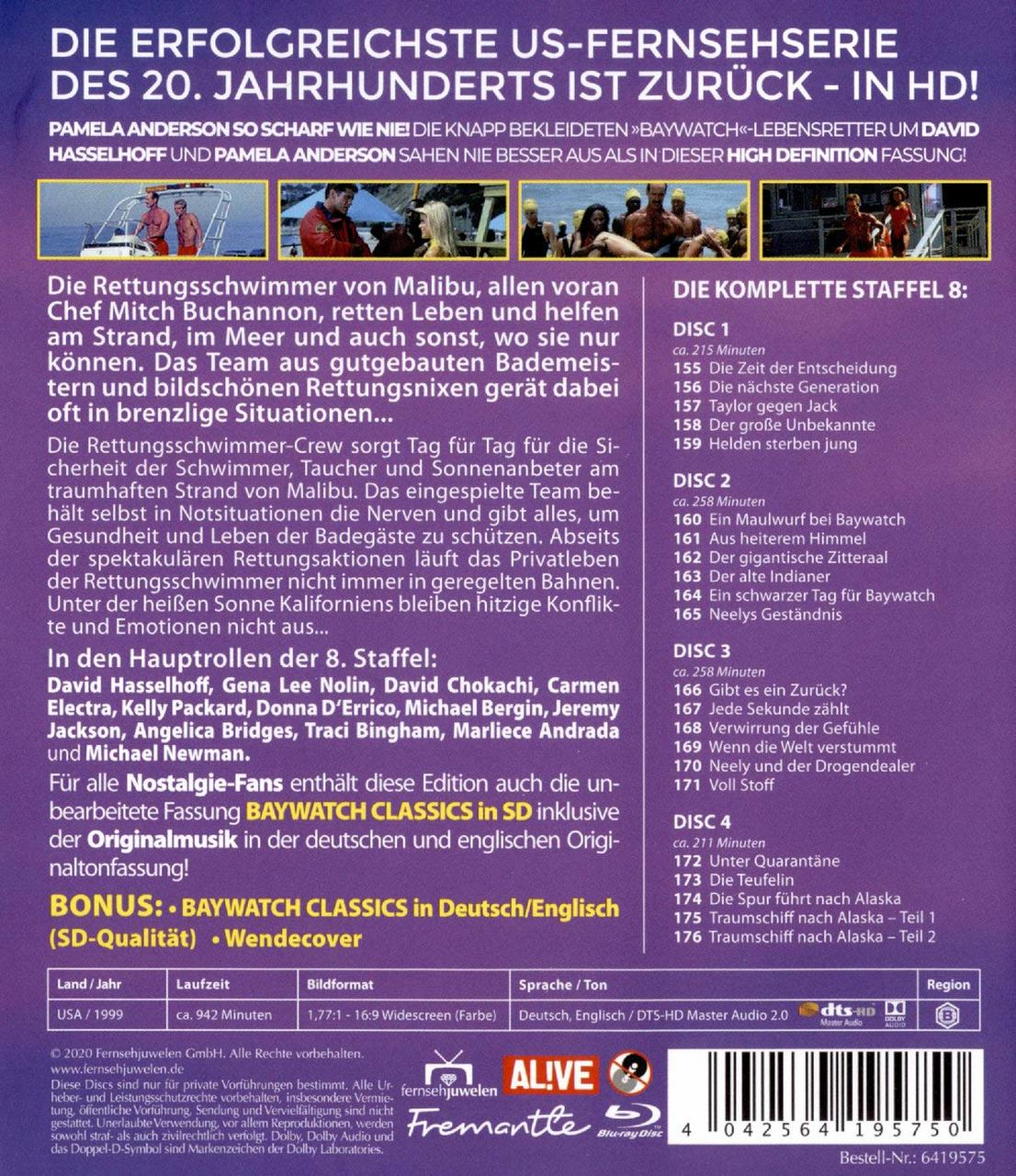 DVD-Cover für 'Baywatch' mit Schauspielern in Badebekleidung. Text in Englisch und Deutsch. Bonus-Features aufgelistet.