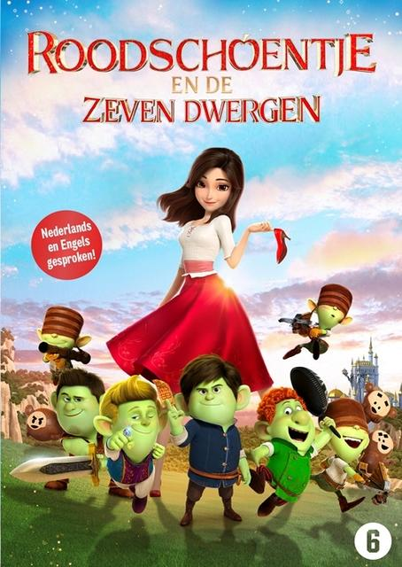 Affiche de film d'animation de Red Shoes and the Seven Dwarfs avec des personnages de dessins animés.
