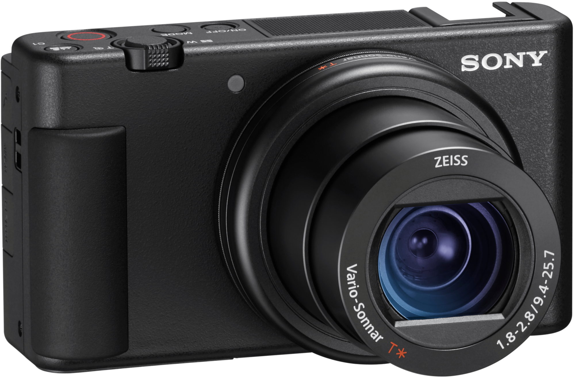Eine schwarze Sony Kamera mit ZEISS Objektiv, Knöpfen und einem Bildschirm.