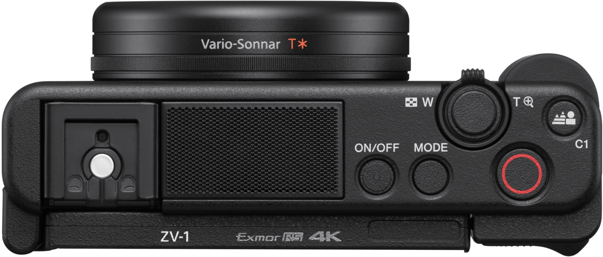 Draufsicht auf eine schwarze Kamera mit Knöpfen und einem Objektiv. Das Objektiv hat "Vario-Sonnar T*".