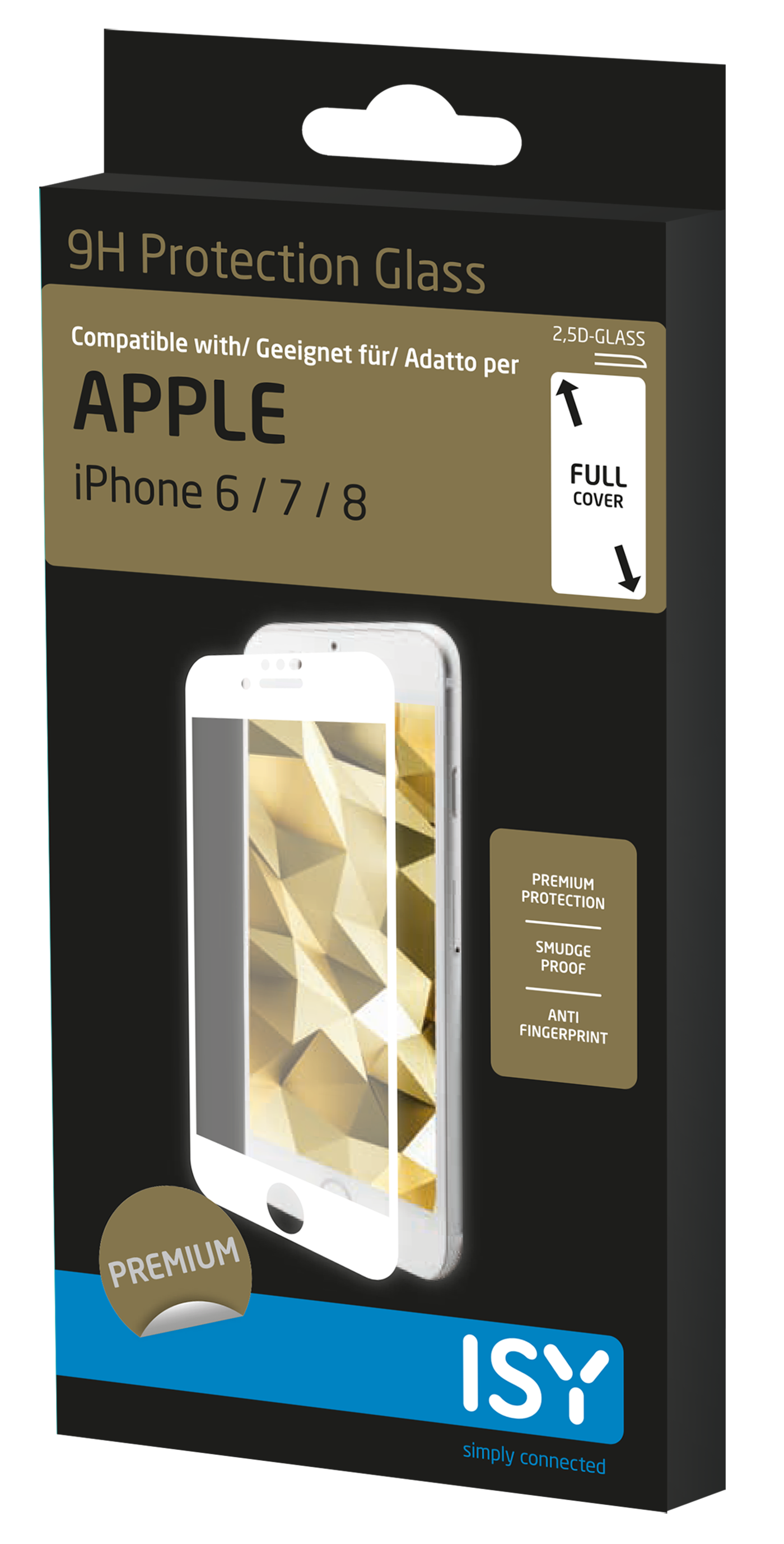 iPhone schermbeschermer doos. Toont de telefoon met de beschermer en tekst: 9H beschermglas.