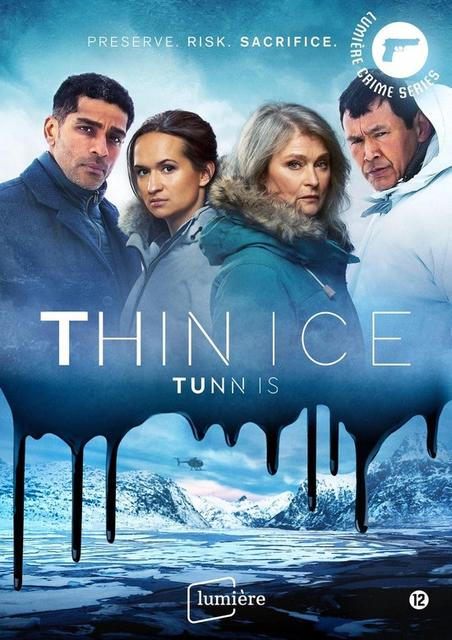 Movie poster with four people in winter clothes, title 'Thin Ice', snowy mountains in background.