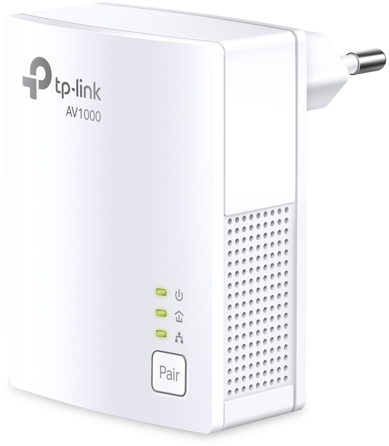 Witte tp-link AV1000 powerline-adapter met lampjes en een koppelknop.