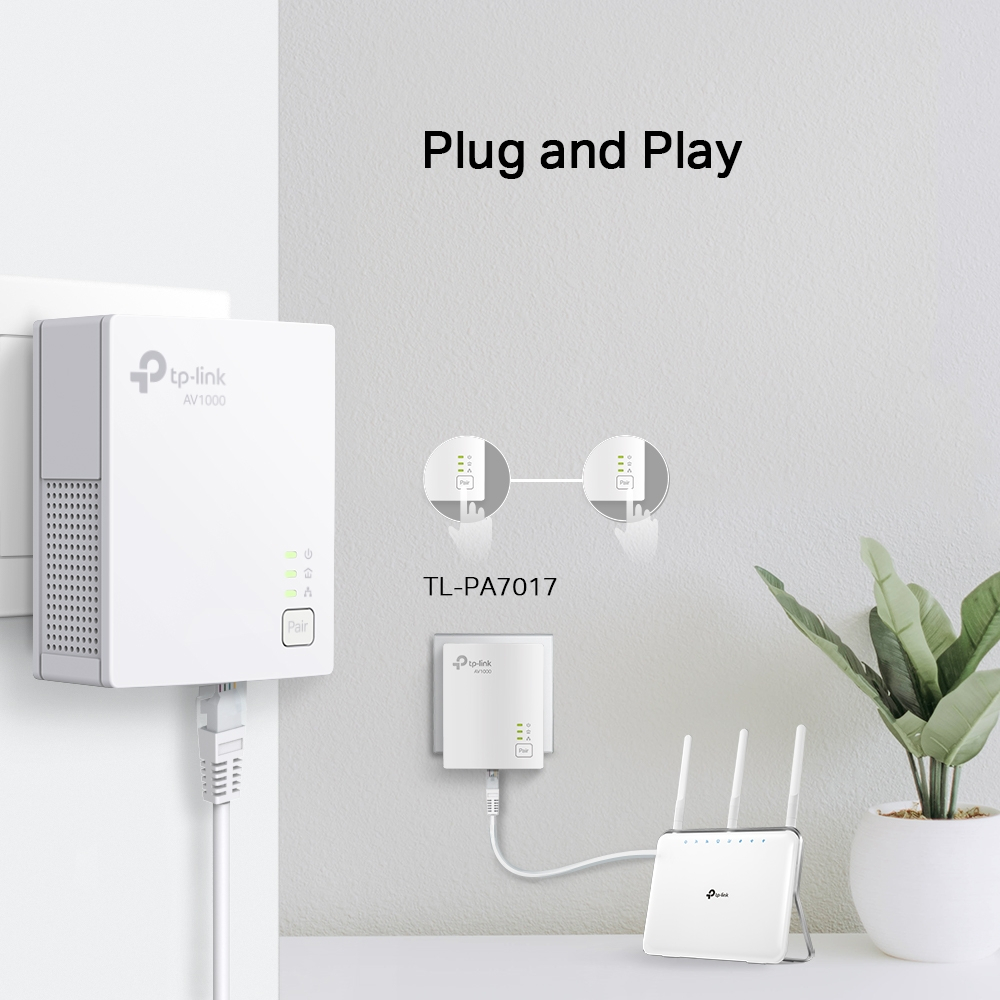 Een wit plug-in apparaat met een kabel aangesloten op een stopcontact en een router.