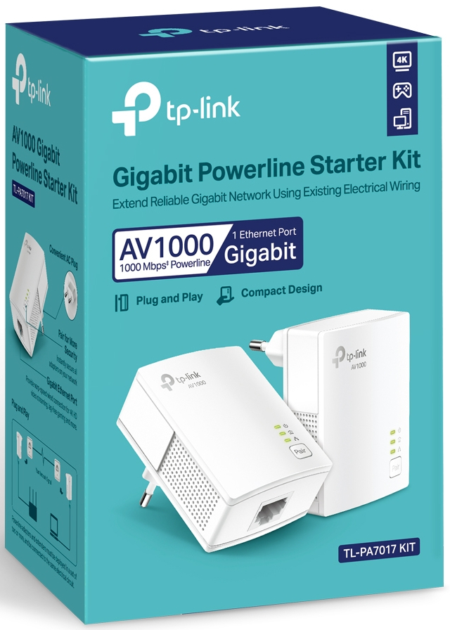 TP-Link Powerline Starter Kit doos. Bevat twee witte adapters en tekst over het product.