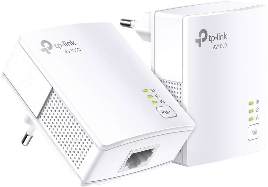 Twee witte TP-Link AV1000 powerline-adapters, een met stekker.