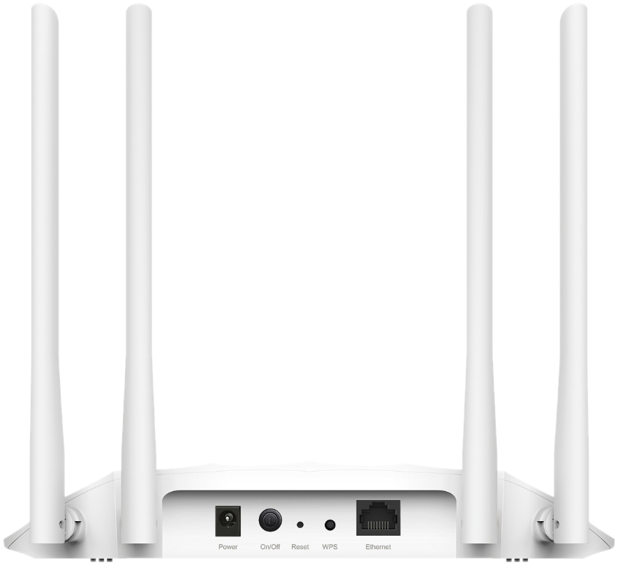 Witte router met vier antennes. Stroom, Aan/Uit, Reset, WPS en Ethernet poorten zijn zichtbaar. De router staat op een witte ondergrond.