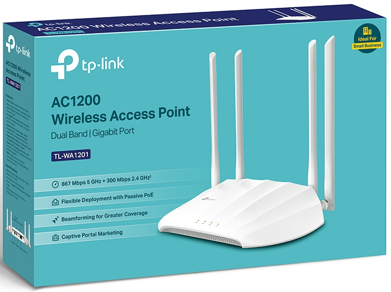 Een witte TP-Link AC1200 draadloos access point met vier antennes. De doos is turquoise en bevat productinformatie.