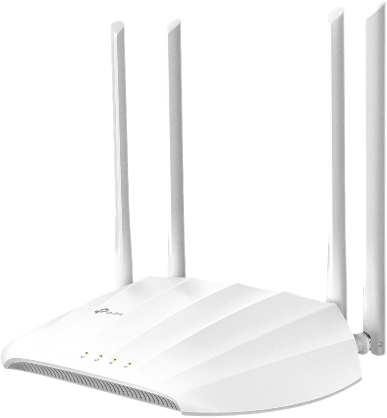 Een witte TP-Link-router met vier antennes. De router heeft indicatielampjes en het TP-Link-logo aan de bovenkant.