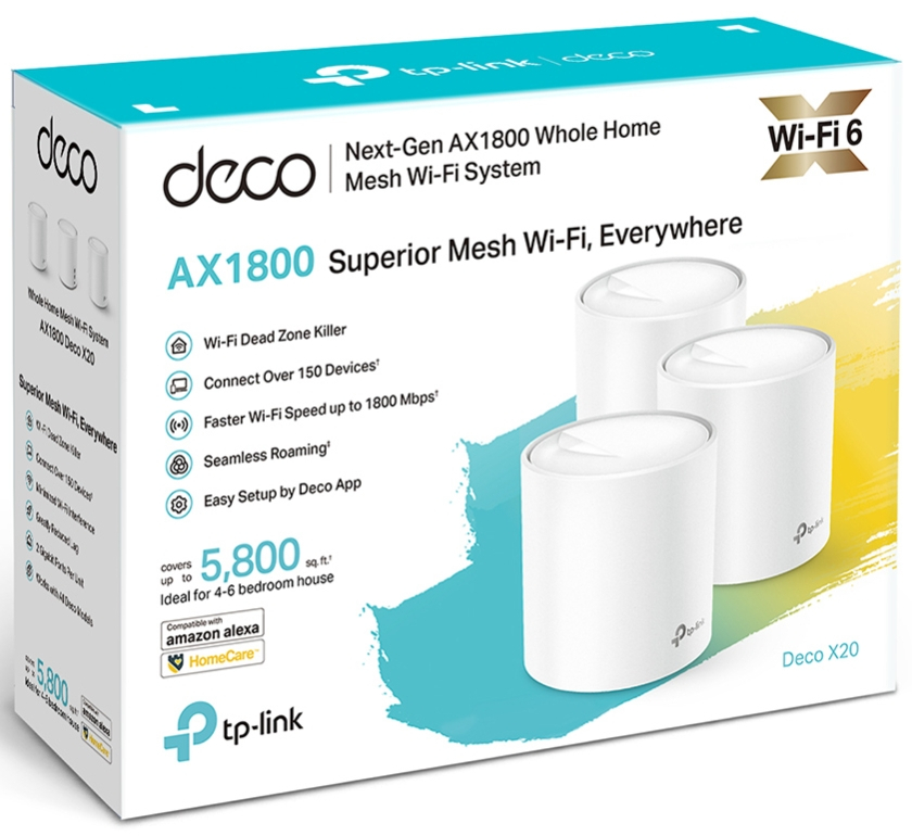 Boîte du système wi-fi mesh tp-link deco ax1800. Unités deco blanches et texte sur une boîte blanc-bleu.