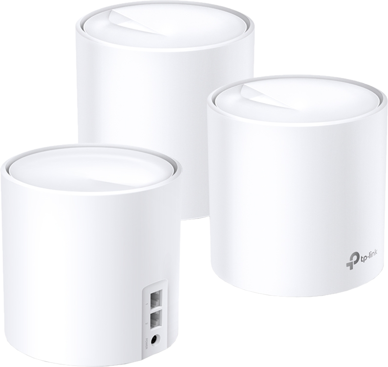 Trois appareils cylindriques blancs, peut-être des routeurs, sur fond blanc. Design épuré.