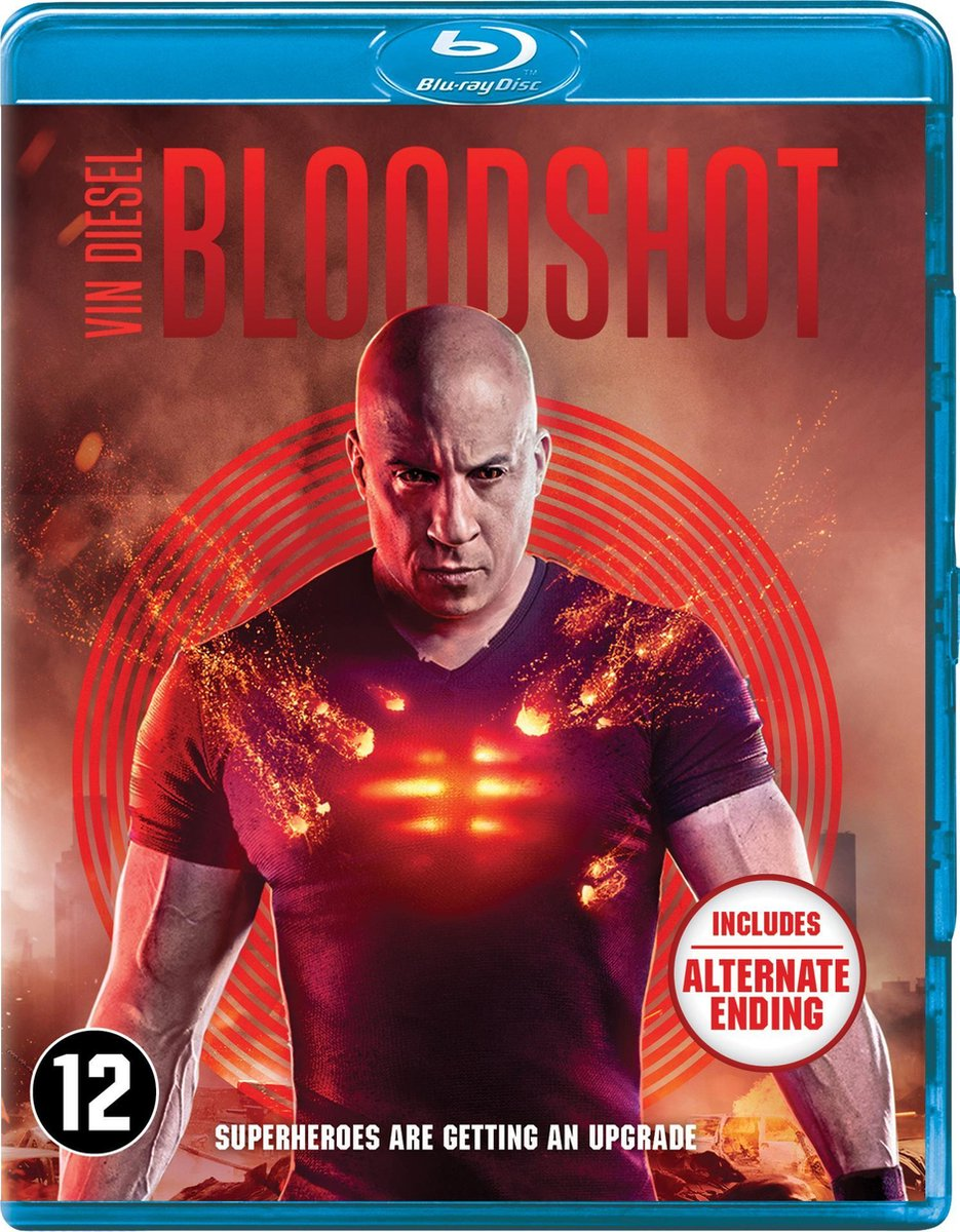 Couverture du film : Vin Diesel, un homme éclairé en rouge, avec l'expression concentrée, BLOODSHOT.