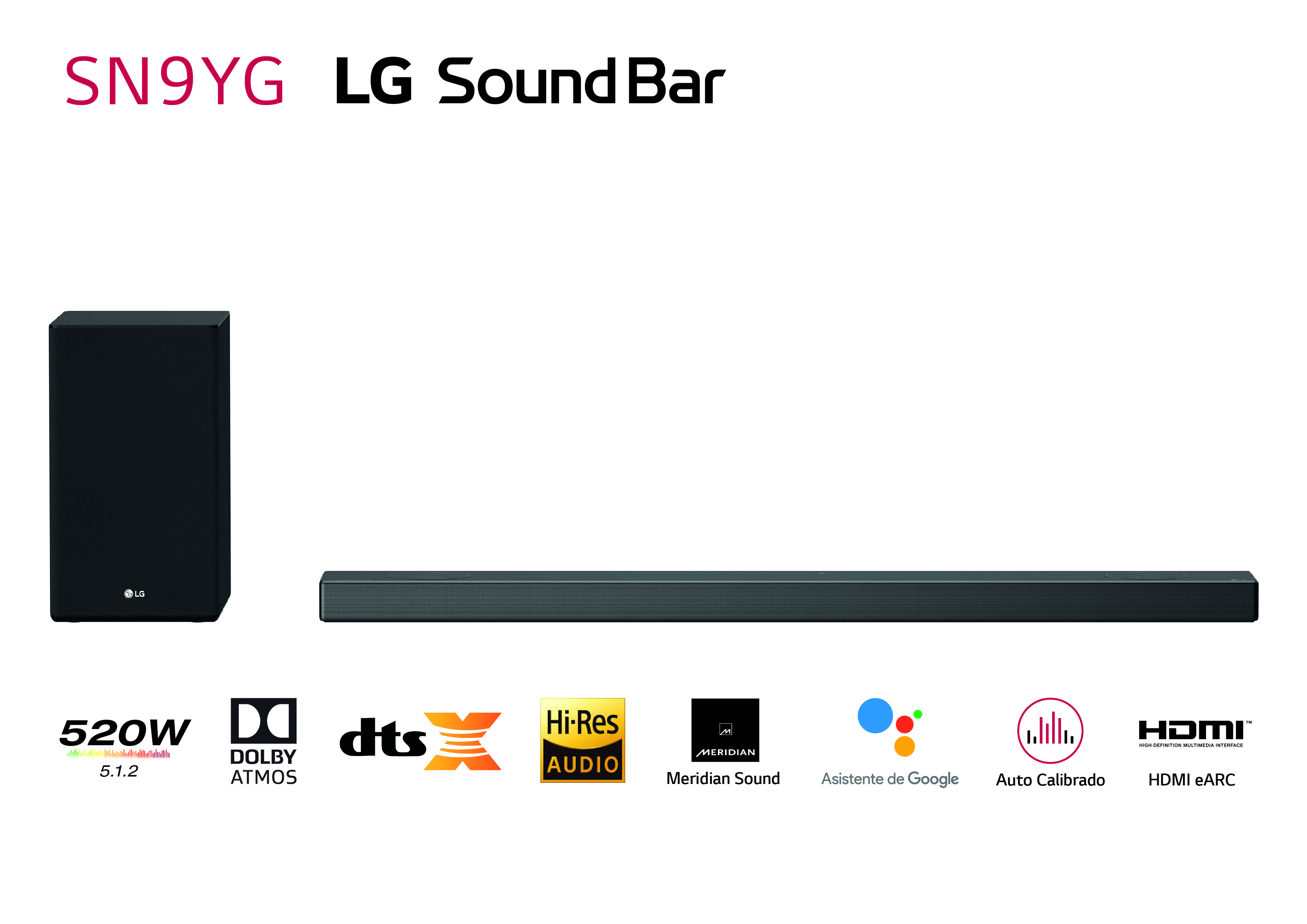 Barra de sonido - LG SS SN9YG, Dolby Atmos, 520W, Subwoofer, Inalámbrico, Bluetooth, Negro