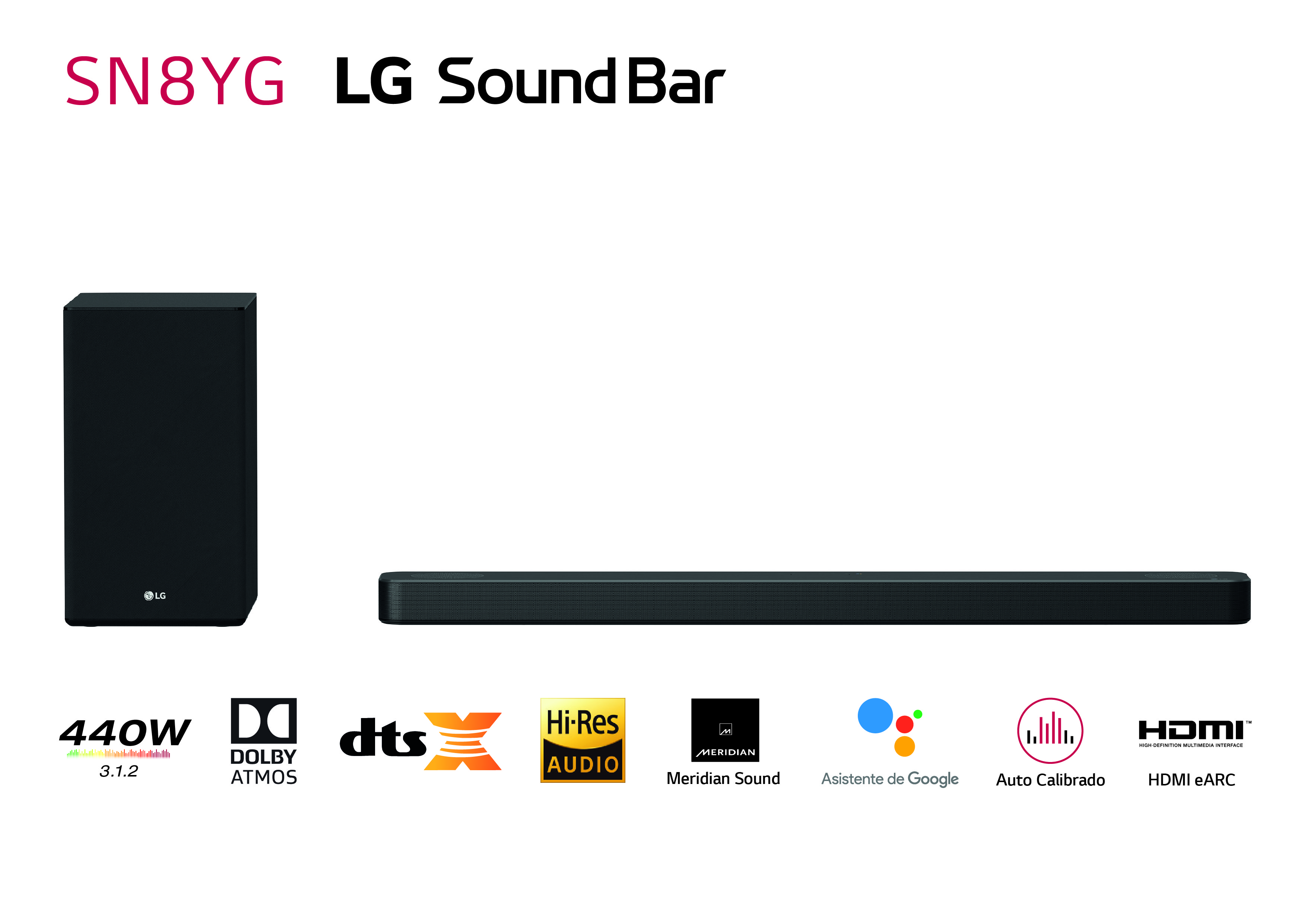 Barra de sonido - LG SS SN8YG, Dolby Atmos, 440W, Subwoofer, Inalámbrico, Bluetooth, Negro
