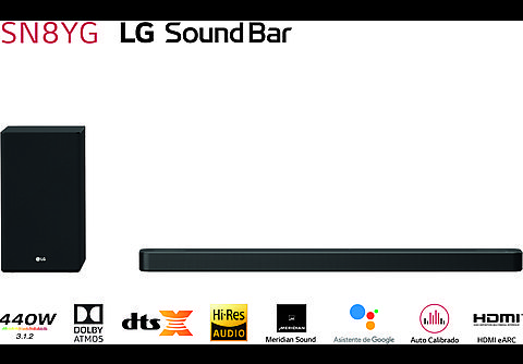 Barra de sonido - LG SS SN8YG, Dolby Atmos, 440W, Subwoofer, Inalámbrico, Bluetooth, Negro