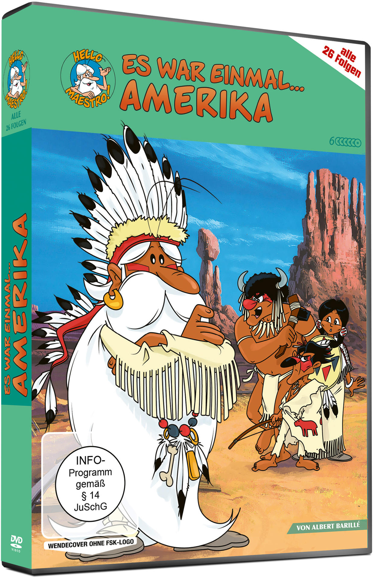 Eine DVD-Box mit Cartoon-Illustrationen von amerikanischen Ureinwohnern auf grünem Grund.
